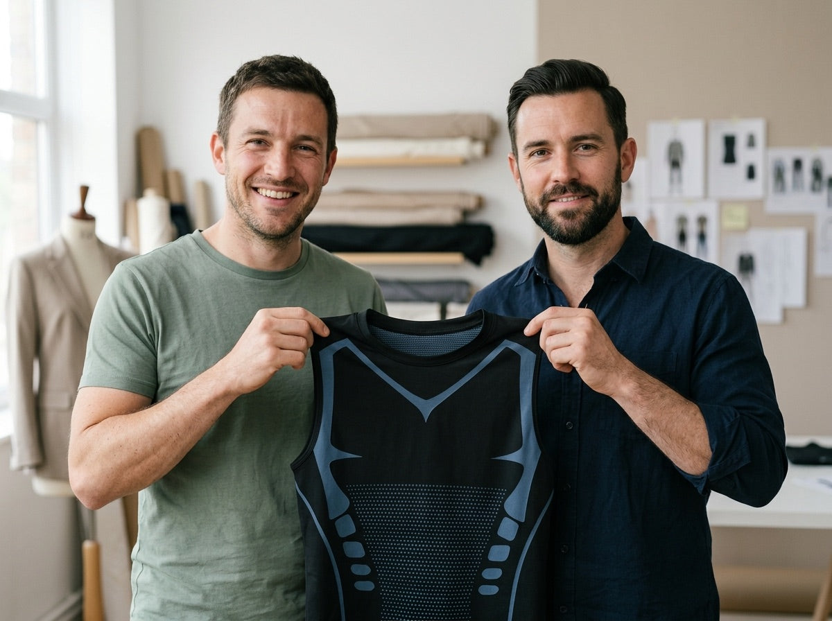 Jamie and Tom, founders of TruePoise, holding the TruePoise compression vest